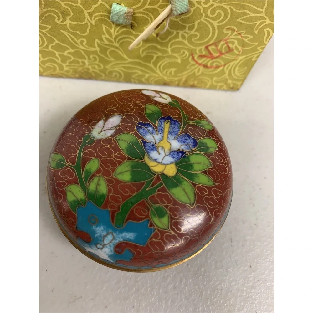Antique Chinese Green Cloisonné ‎ Trinket Vanity Dresser Box Lidded Jar Enamel